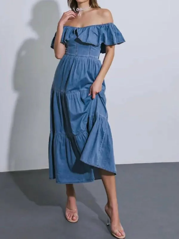 Off Shoulder Denim Dress In Blue Classic Blue Denim