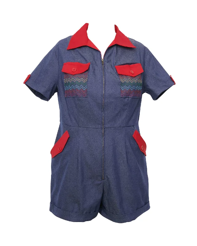 Unique Vintage Denim & Rainbow Embroidered Mia Romper | Blue Casual High-waisted Denim