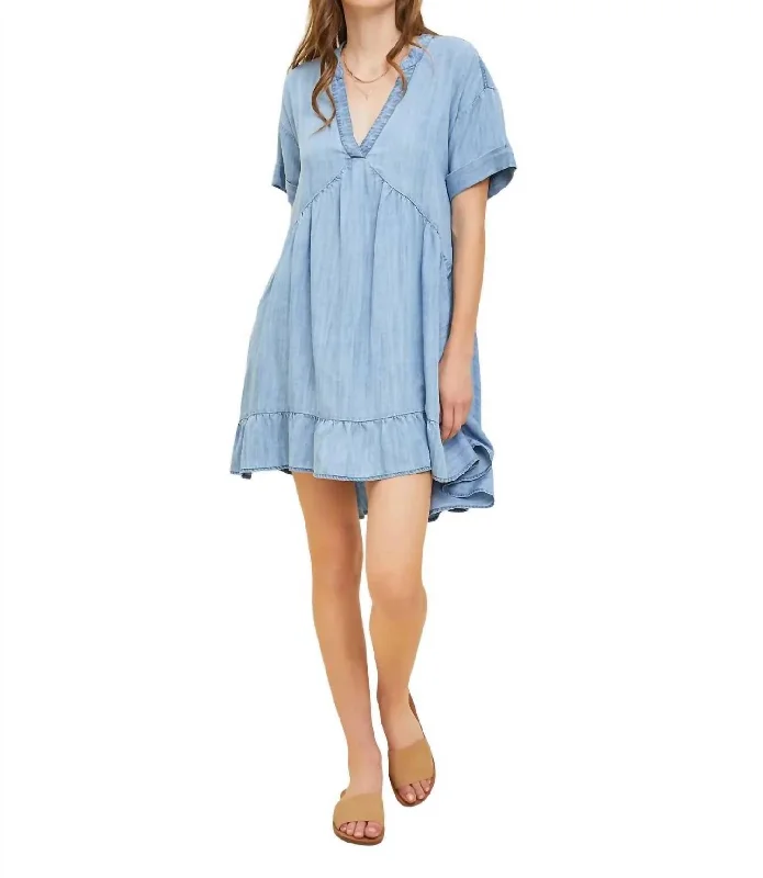 Washed Chambray Flare Dress In Light Denim Trendy Denim Skirt